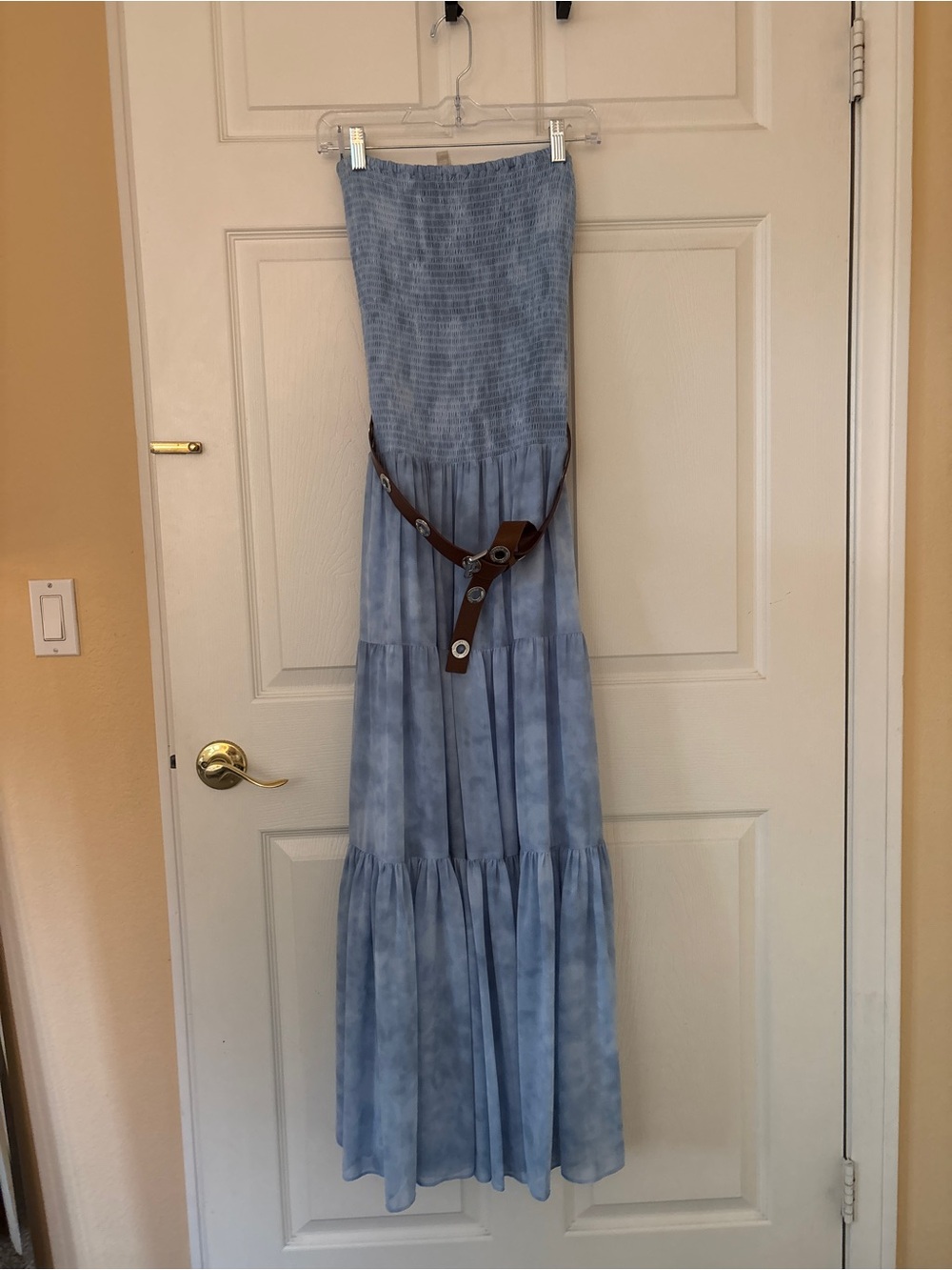Michael Kors Light Blue Smocked Tiered Maxi Dress with Brown Belt